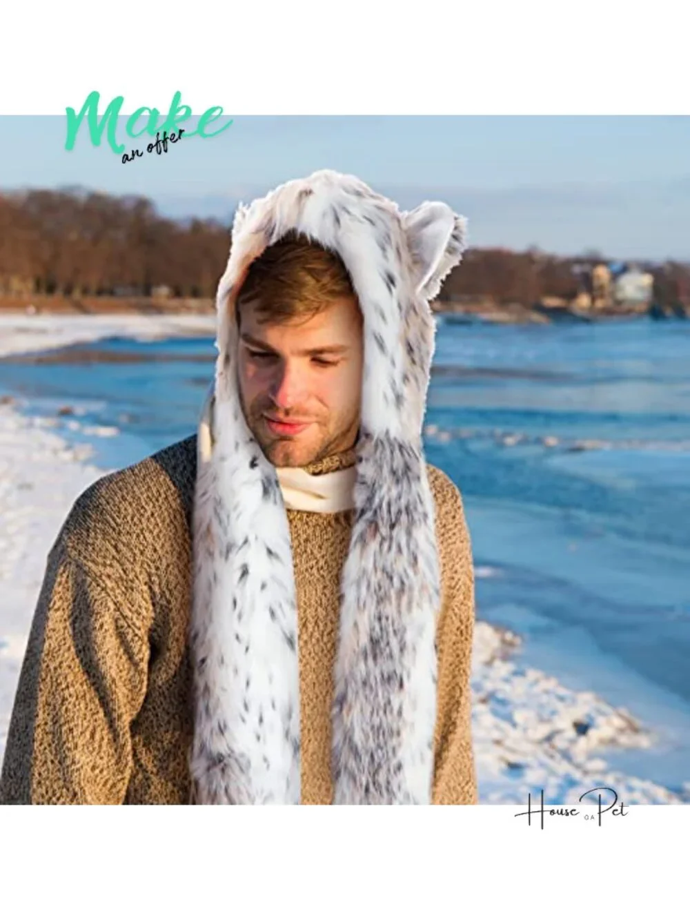 Faux Fur Animal Hooded Scarf with Paw Mittens Winter Warm Plush Beanie